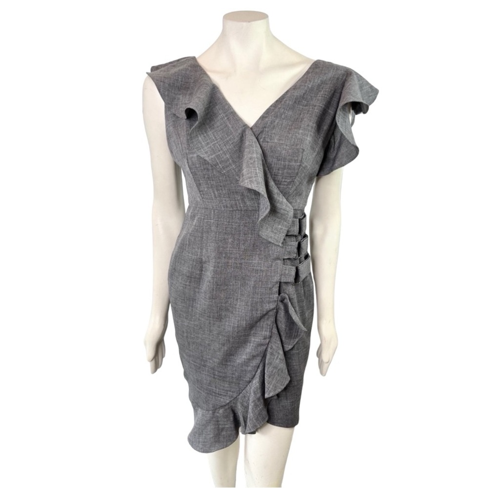 Tea n Cup | Grey Grey Faux Wrap Dress with Ruffled and Belt Loop Accents